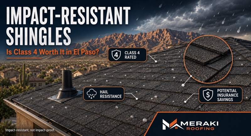 Impact-resistant shingles infographic showing Class 4 hail resistance and potential insurance savings for El Paso homeowners
